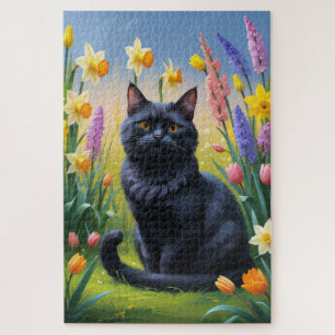 Puzzle Pintura de flores de primavera del gato negro