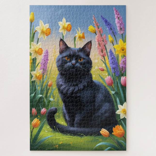 Puzzle Pintura de flores de primavera del gato negro (Vertical)