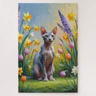 Puzzle Pintura de flores de primavera del gato Sphynx