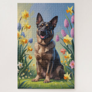Puzzle Pintura de flores de primavera del Malinois belga
