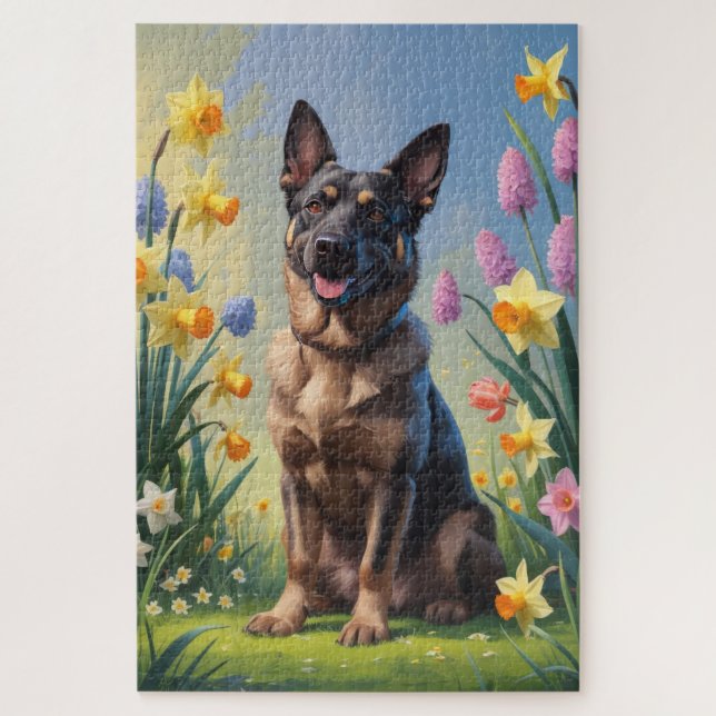 Puzzle Pintura de flores de primavera del Malinois belga (Vertical)