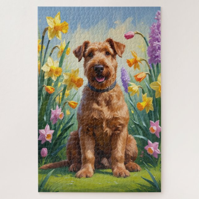 Puzzle Pintura de flores de primavera del perro Airedale (Vertical)