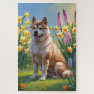 Puzzle Pintura de flores de primavera del perro Akita