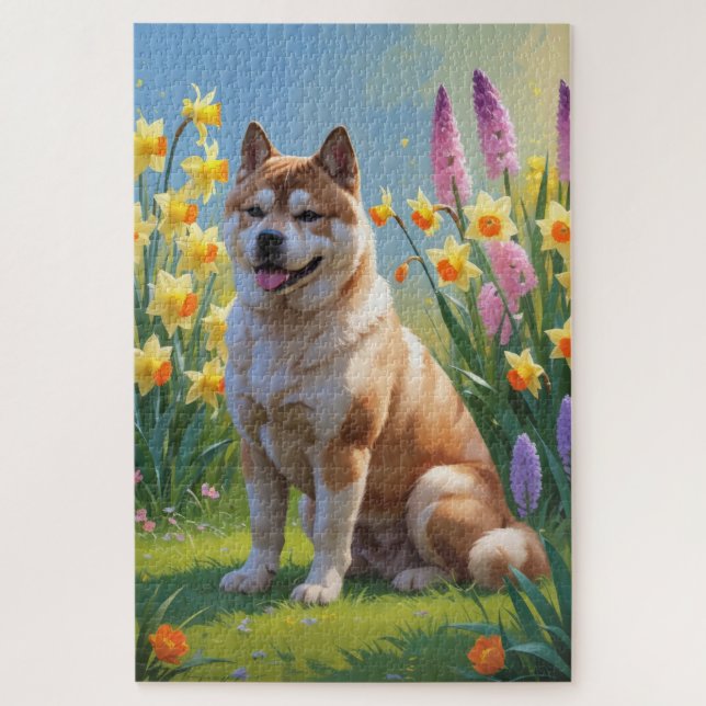 Puzzle Pintura de flores de primavera del perro Akita (Vertical)