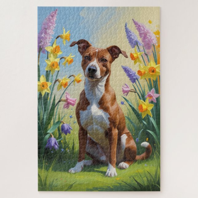Puzzle Pintura de flores de primavera del perro Basenji  (Vertical)