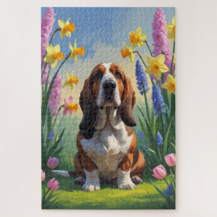 Puzzle Pintura de flores de primavera del perro Basset Ho
