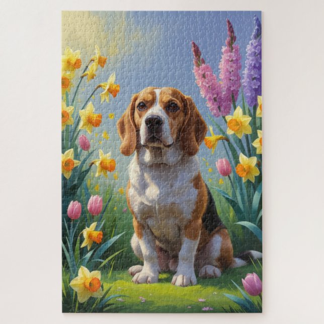 Puzzle Pintura de flores de primavera del perro Beagle  (Vertical)