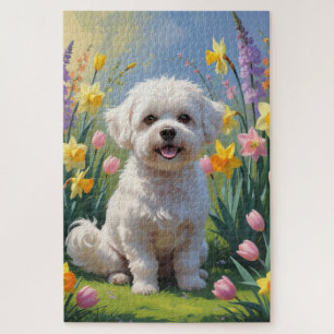 Puzzle Pintura de flores de primavera del perro Bichon Fr