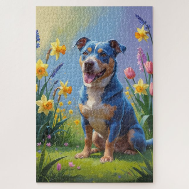 Puzzle Pintura de flores de primavera del perro Blue Heel (Vertical)