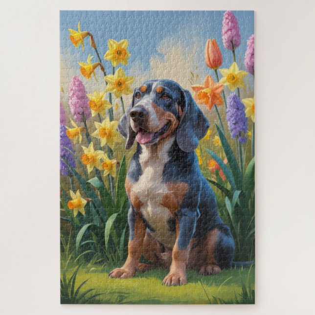 Puzzle Pintura de flores de primavera del perro Bluetick  (Vertical)
