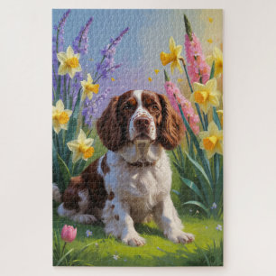 Puzzle Pintura de flores de primavera del perro Brittany