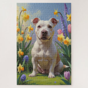 Puzzle Pintura de flores de primavera del perro Bull Terr