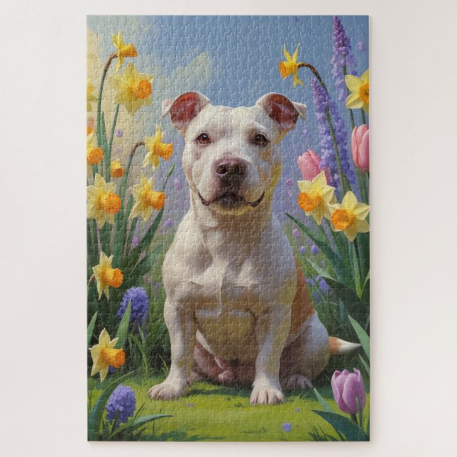 Puzzle Pintura de flores de primavera del perro Bull Terr (Vertical)