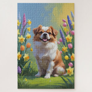 Puzzle Pintura de flores de primavera del perro Chin Japo