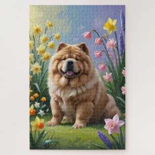 Puzzle Pintura de flores de primavera del perro Chow Chow