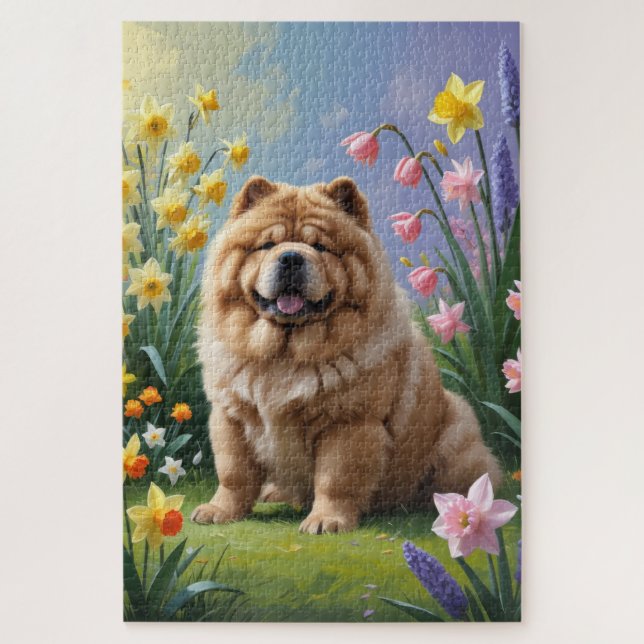 Puzzle Pintura de flores de primavera del perro Chow Chow (Vertical)