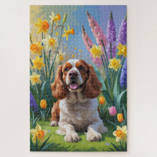 Puzzle Pintura de flores de primavera del perro Cocker Sp