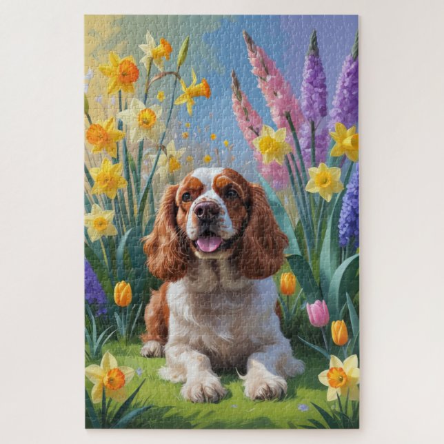 Puzzle Pintura de flores de primavera del perro Cocker Sp (Vertical)