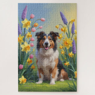 Puzzle Pintura de flores de primavera del perro Collie ás