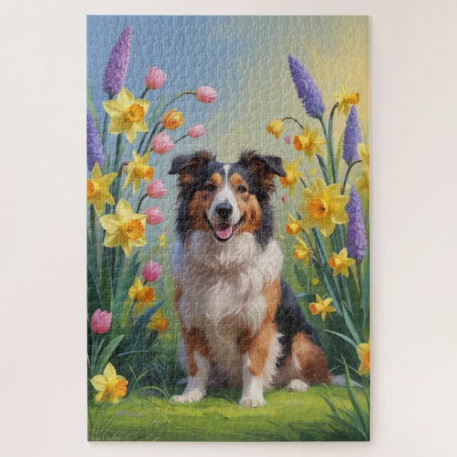 Puzzle Pintura de flores de primavera del perro Collie ás (Vertical)