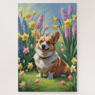 Puzzle Pintura de flores de primavera del perro Corgi
