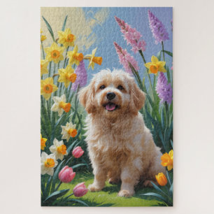 Puzzle Pintura de flores de primavera del perro Coton De