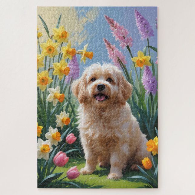 Puzzle Pintura de flores de primavera del perro Coton De  (Vertical)