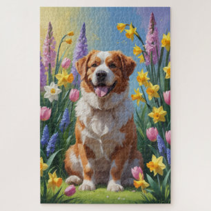 Puzzle Pintura de flores de primavera del perro de montañ