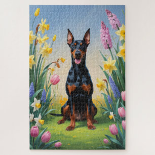 Puzzle Pintura de flores de primavera del perro Doberman