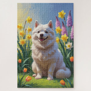 Puzzle Pintura de flores de primavera del perro esquimal