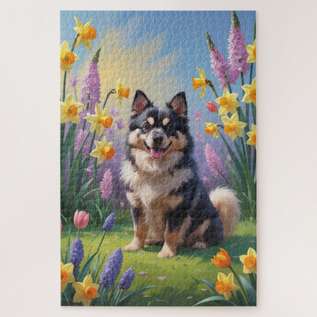 Puzzle Pintura de flores de primavera del perro Finnish L (Vertical)