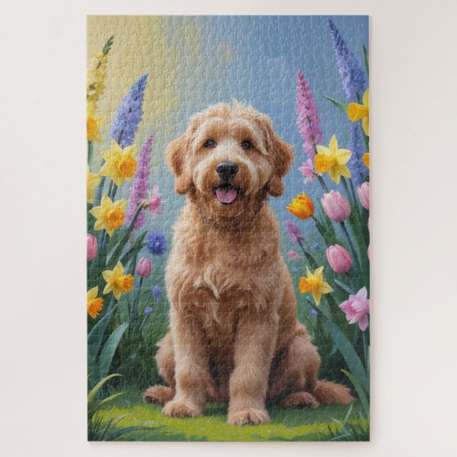 Puzzle Pintura de flores de primavera del perro Goldendoo (Vertical)