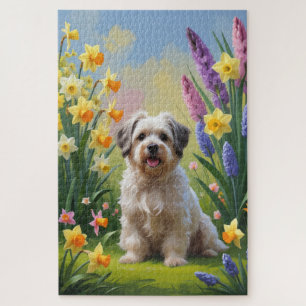 Puzzle Pintura de flores de primavera del perro Havanés