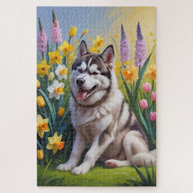 Puzzle Pintura de flores de primavera del perro Husky sib (Vertical)
