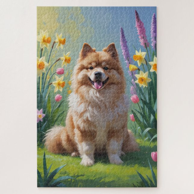 Puzzle Pintura de flores de primavera del perro Keeshond  (Vertical)