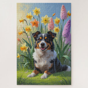 Puzzle Pintura de flores de primavera del perro Kelpie au