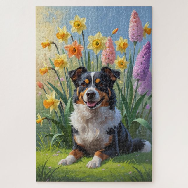 Puzzle Pintura de flores de primavera del perro Kelpie au (Vertical)