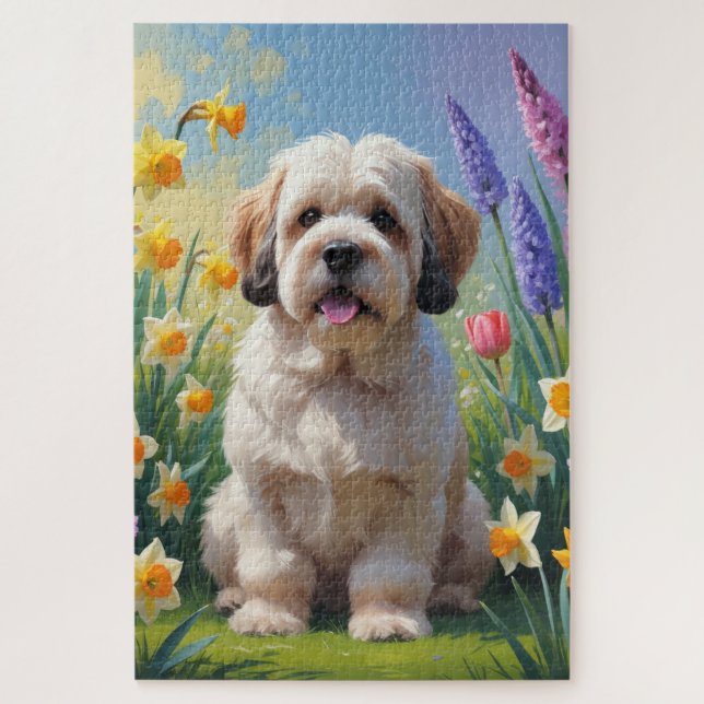Puzzle Pintura de flores de primavera del perro Lhasa Aps (Vertical)