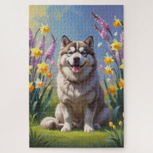 Puzzle Pintura de flores de primavera del perro Malamute