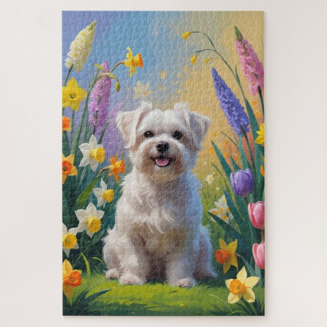 Puzzle Pintura de flores de primavera del perro maltés (Vertical)