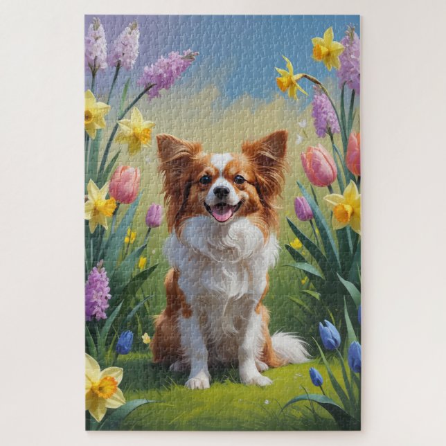 Puzzle Pintura de flores de primavera del perro Papillon  (Vertical)