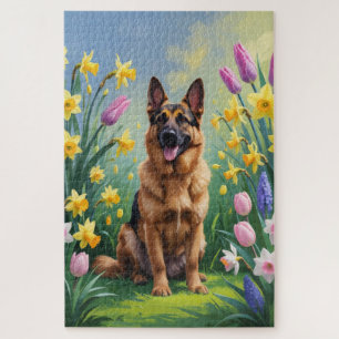 Puzzle Pintura de flores de primavera del perro pastor al