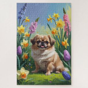 Puzzle Pintura de flores de primavera del perro pequinés