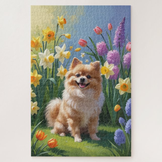 Puzzle Pintura de flores de primavera del perro Pomerania (Vertical)