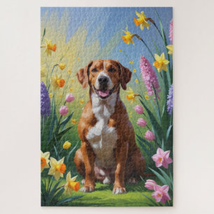 Puzzle Pintura de flores de primavera del perro Rhodesian