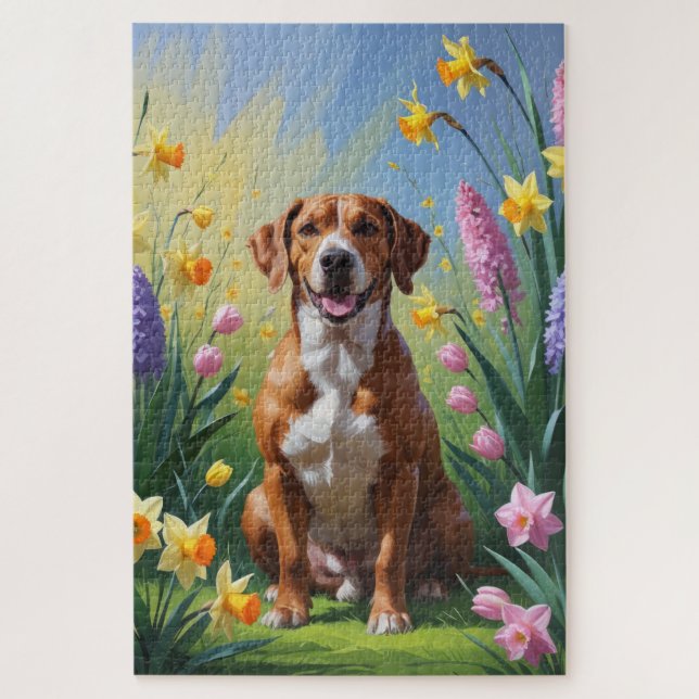 Puzzle Pintura de flores de primavera del perro Rhodesian (Vertical)
