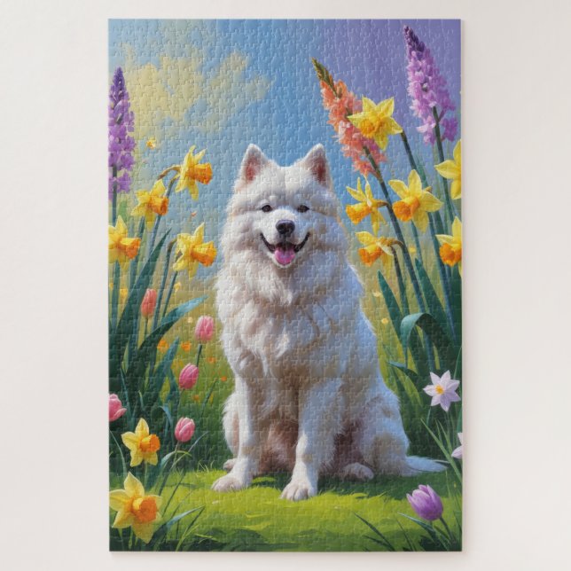 Puzzle Pintura de flores de primavera del perro Samoyedo (Vertical)