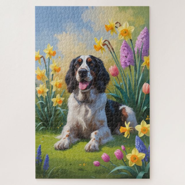 Puzzle Pintura de flores de primavera del perro Setter In (Vertical)