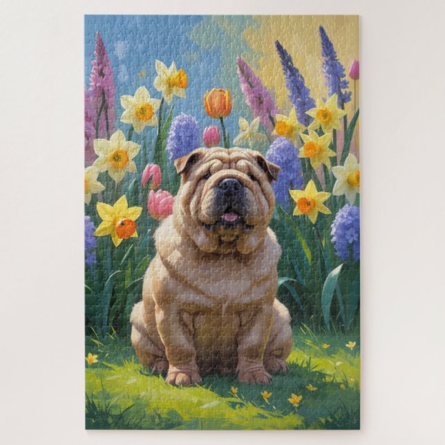 Puzzle Pintura de flores de primavera del perro Shar Pei (Vertical)