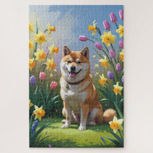 Puzzle Pintura de flores de primavera del perro Shiba Inu